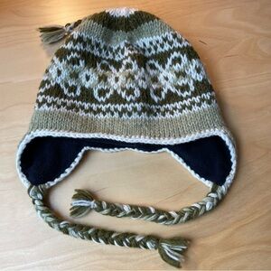 One of a Kind 100% Wool Winter Cap Beanie XL Forest Green & White Fleece Lined